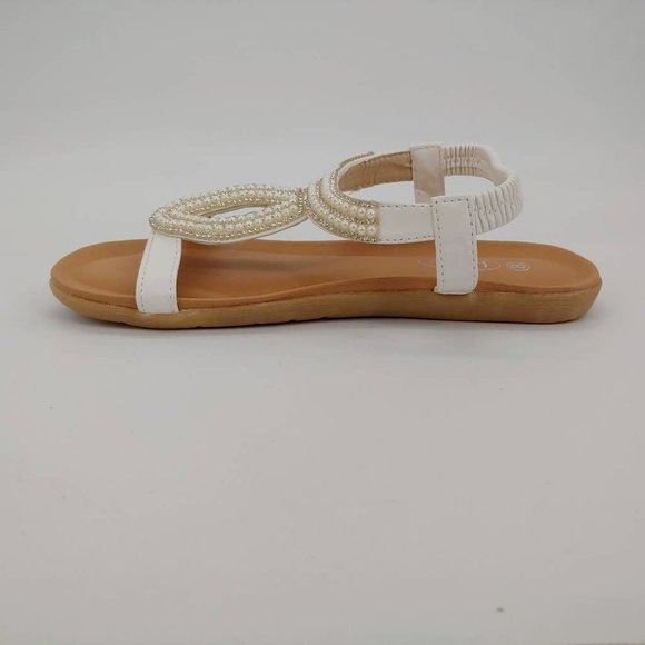 Karyns Womens‎ Ankle Strap Sandals White Brown Beaded Elastic 8 New - Picture 2 of 11